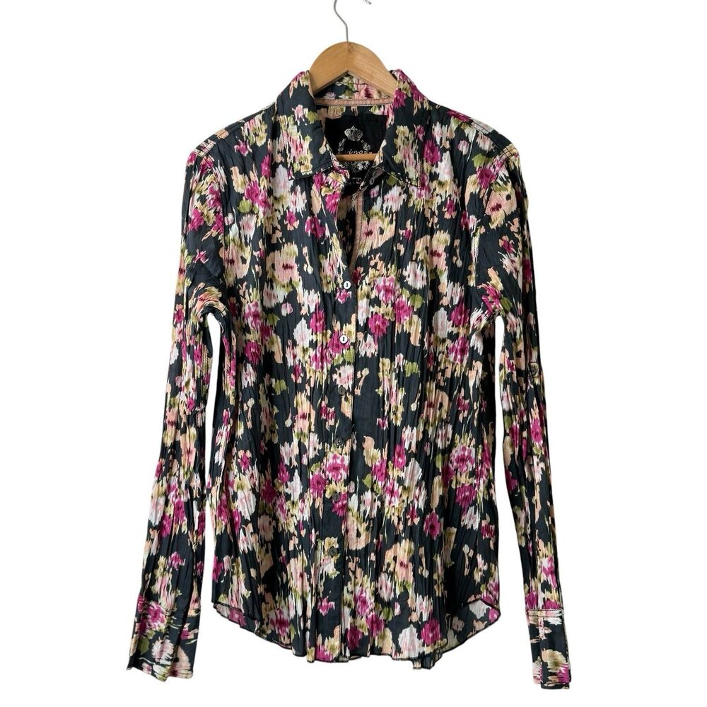 CINO Crinkled Top XXL Winterberry Abstract Floral Roll Tab Button Up Boho Travel